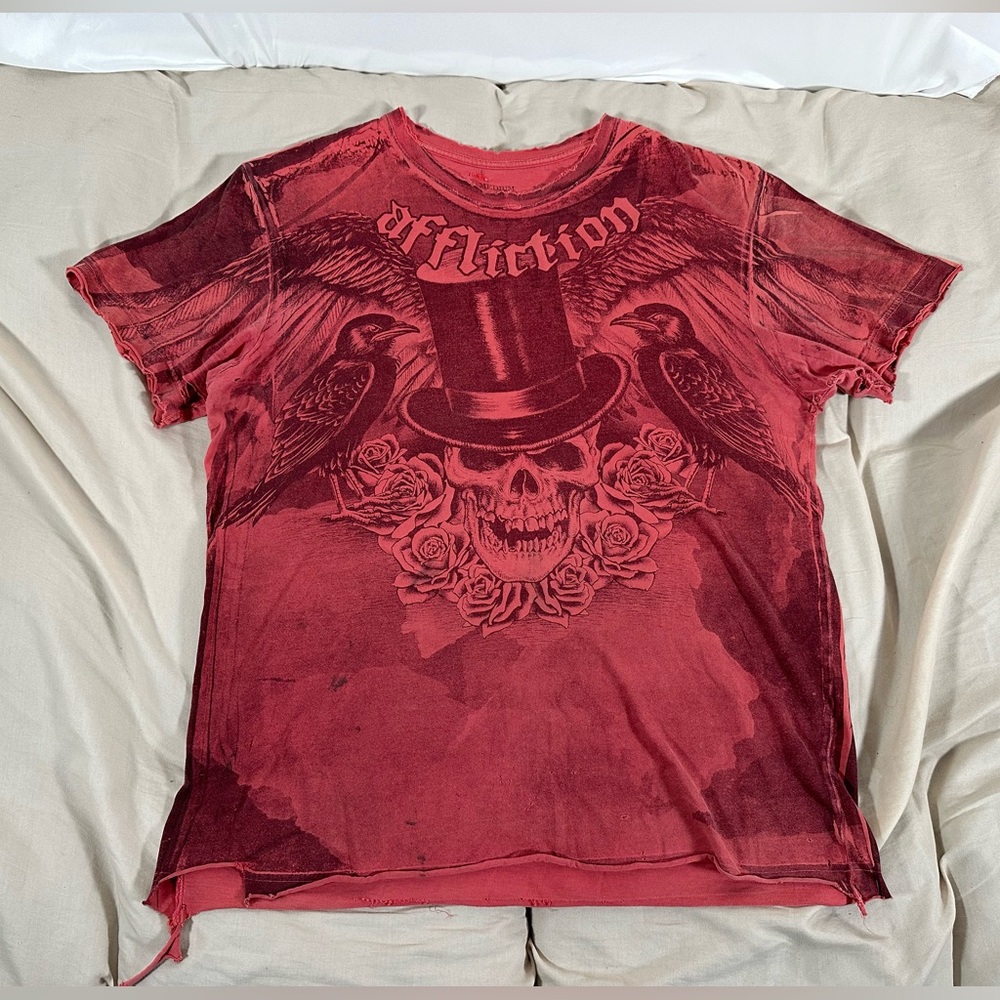 Affliction ABSINTHE TEE Y2K Grunge AOP Distressed Faded Red Punk Medium Tee